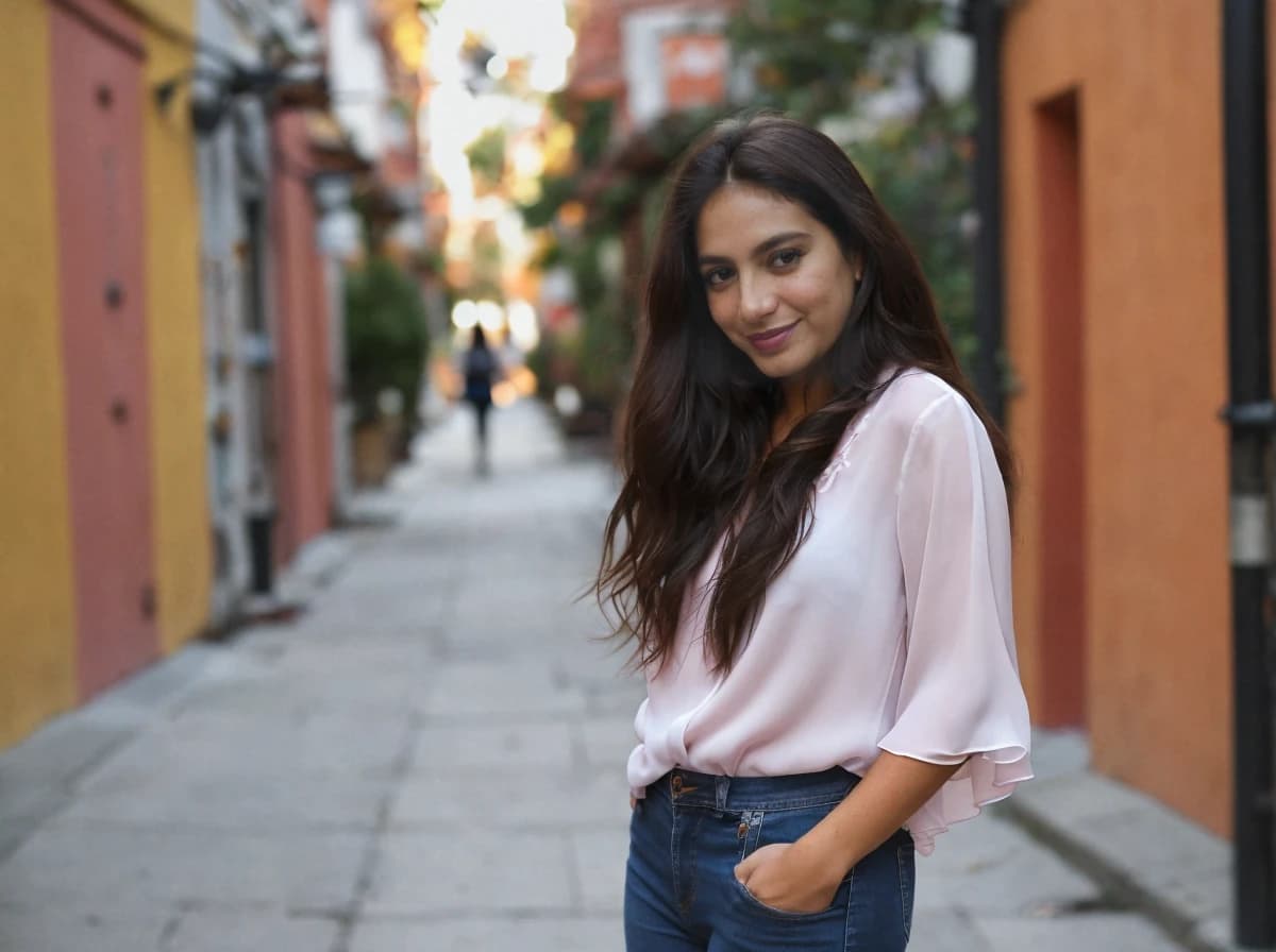 A woman standing in a narrow street with old colorful buildings, wearing a pale pink blouse and blue jeans with her hands in her pockets and her brown hair flowing over her shoulders. The street is lit by a warm glow and there are blurred figures in the distance.