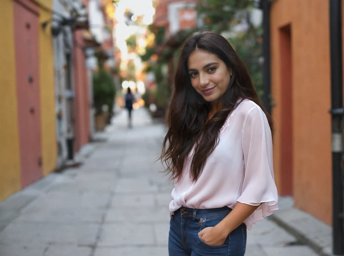 A woman standing in a narrow street with old colorful buildings, wearing a pale pink blouse and blue jeans with her hands in her pockets and her brown hair flowing over her shoulders. The street is lit by a warm glow and there are blurred figures in the distance.