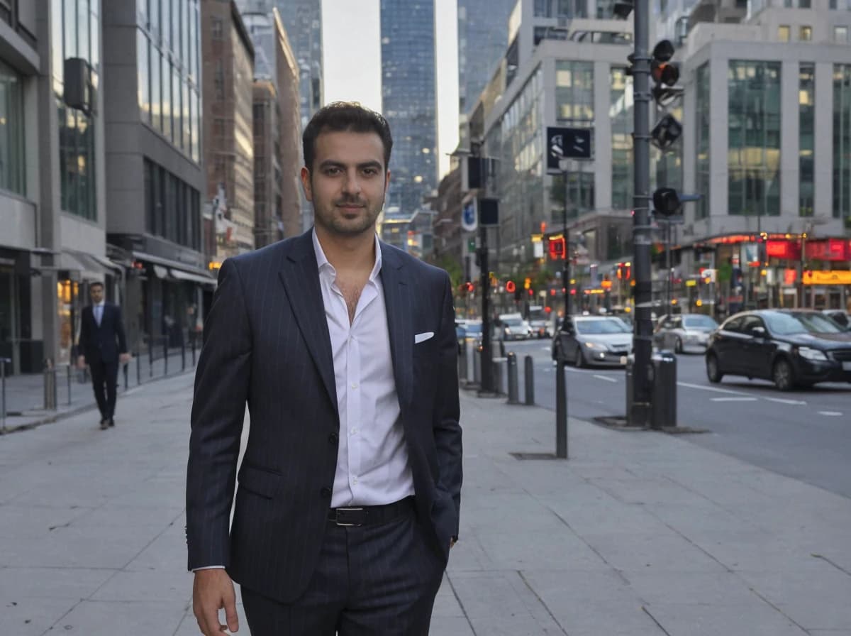 A man dressed in a business suit standing on a city street with cars and traffic lights in the background during dusk.