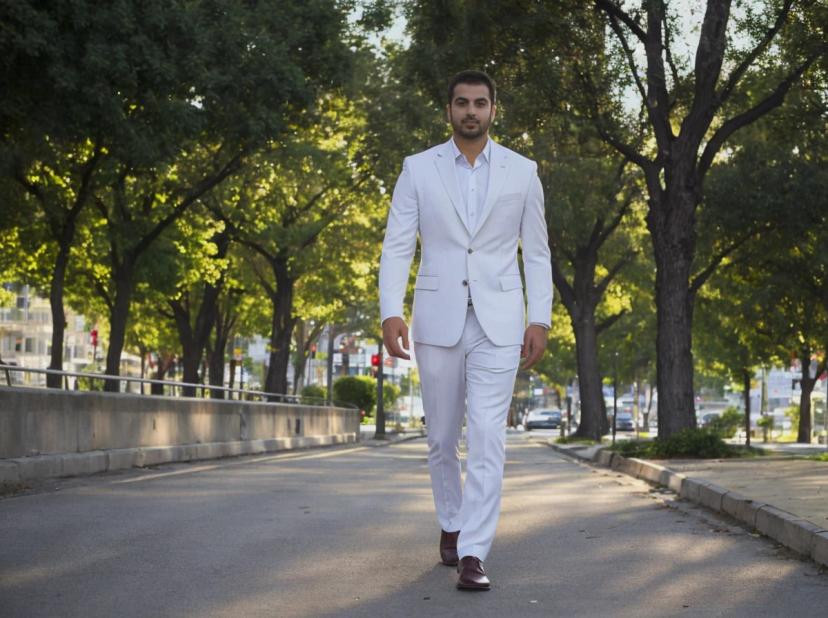 A man in a white suit walking confidently down a tree-lined city street.
