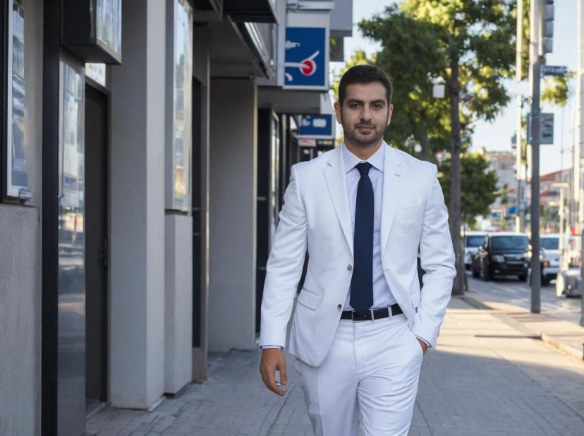 A man in a white suit with a blue tie and white shirt walking on a city sidewalk, with shops and street trees in the background.