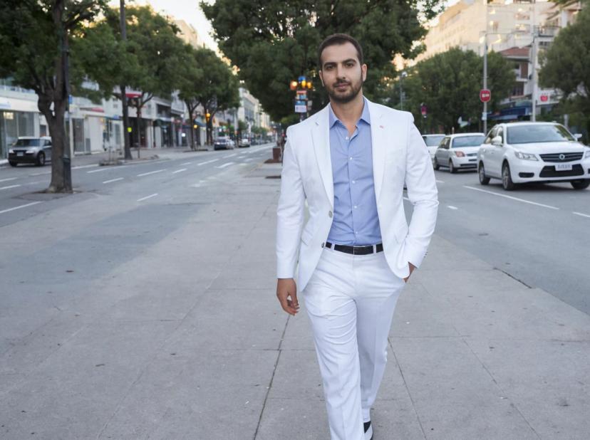 A man dressed in a white suit with a light blue shirt and black belt walking confidently down a city street with trees and parked cars in the background.