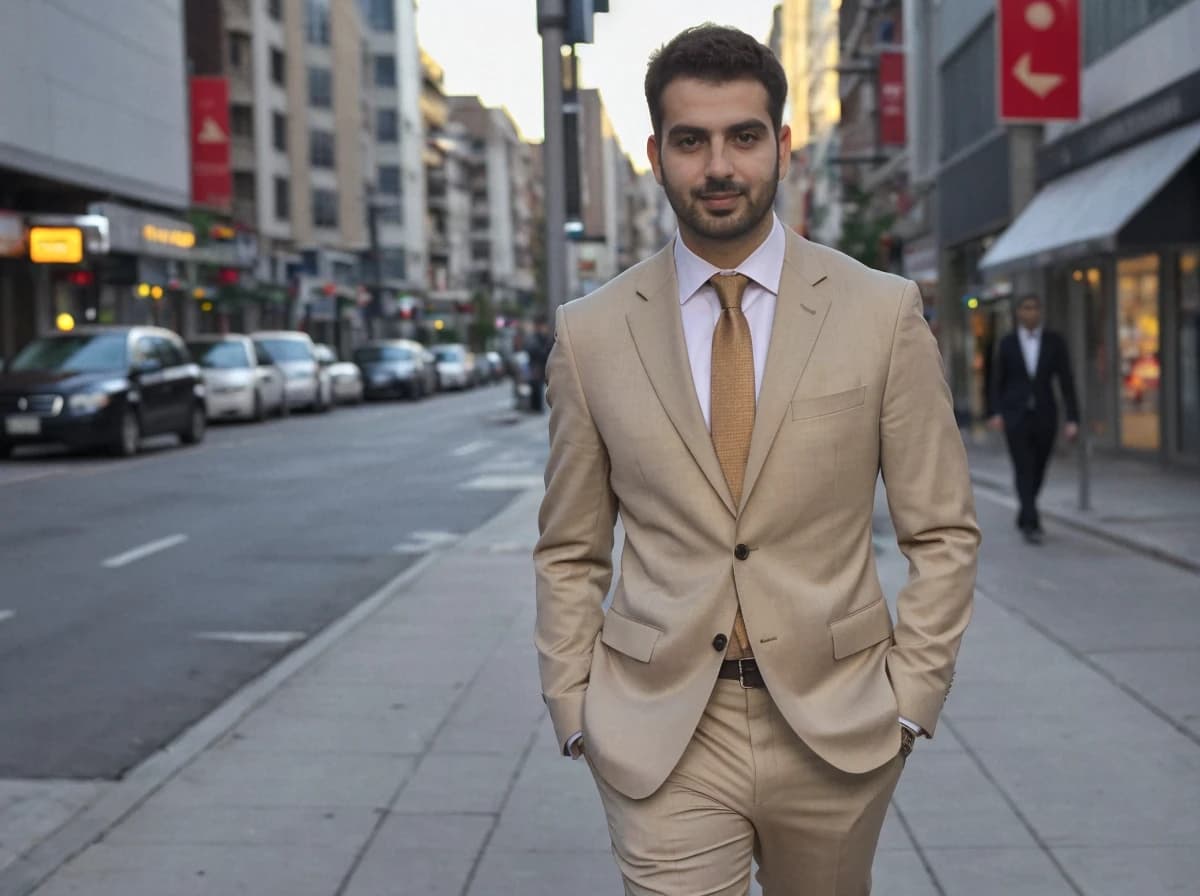 A man in a beige suit with a matching tie and white shirt stands on a city street with cars and buildings in the background. There is a pedestrian and storefronts visible in the distance.