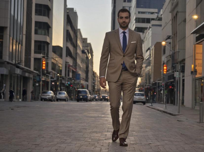 A man in a beige suit with a blue tie and brown shoes walking confidently down a city street with buildings, cars, and traffic lights in the background during twilight.