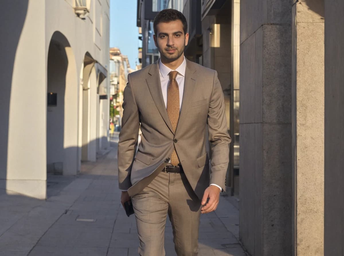 A well-dressed man in a beige suit with a matching tie and white dress shirt, holding a smartphone, standing on a sunny sidewalk next to a building with arches.