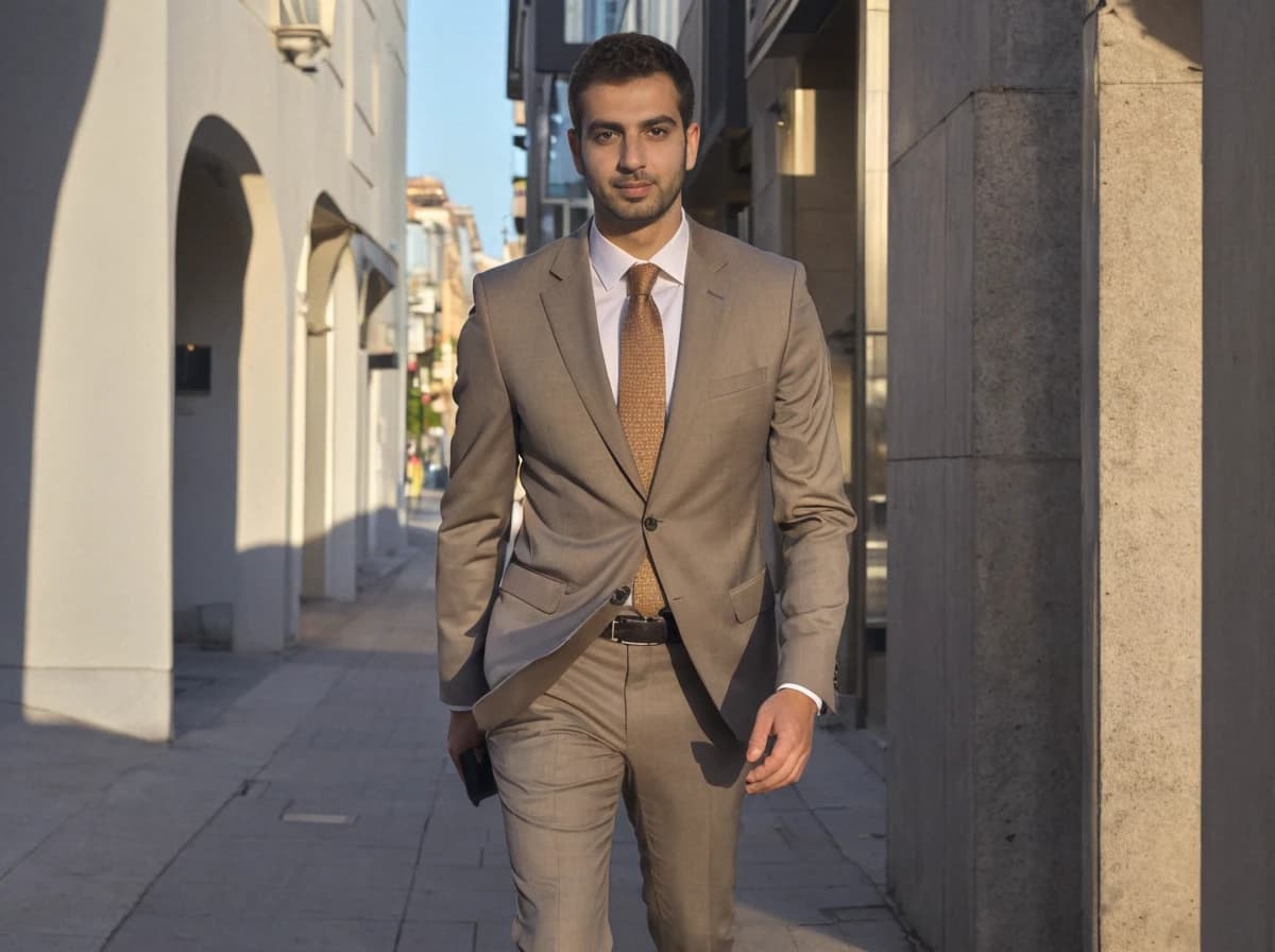 A well-dressed man in a beige suit with a matching tie and white dress shirt, holding a smartphone, standing on a sunny sidewalk next to a building with arches.