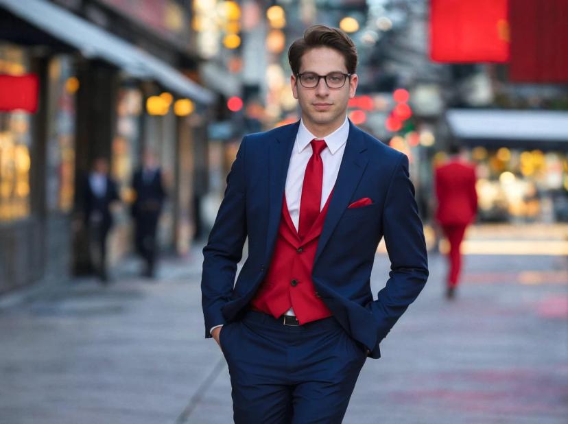 A man dressed in a sharp navy suit with a red vest and tie, standing confidently with one hand in a pocket on a bustling city street with blurred background lights and pedestrians.