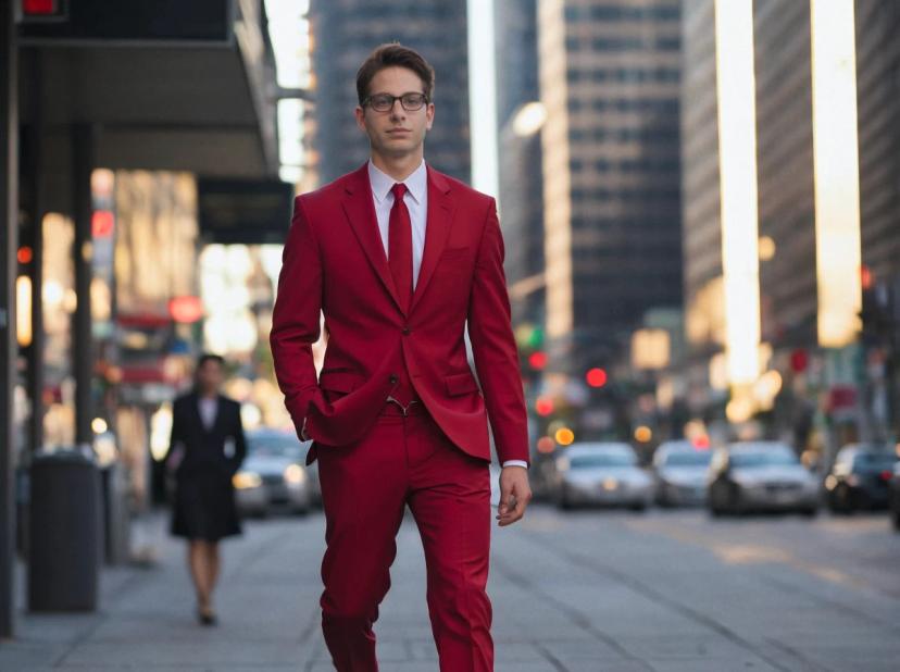 A man in a bright red suit and white shirt stands confidently on a bustling city sidewalk with skyscrapers and blurry traffic in the background.