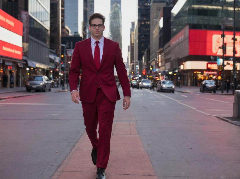 A man in a sharp red suit walking confidently down a city street with buildings and cars in the background during twilight.