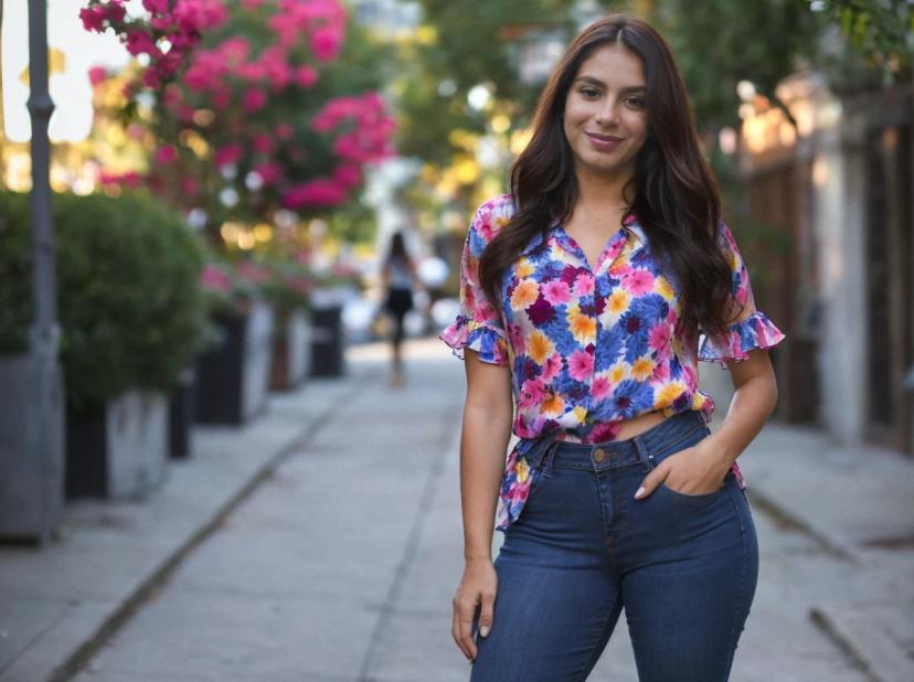 A woman wearing a floral print blouse and blue jeans standing on a city sidewalk, with green bushes and flowering trees in the background.