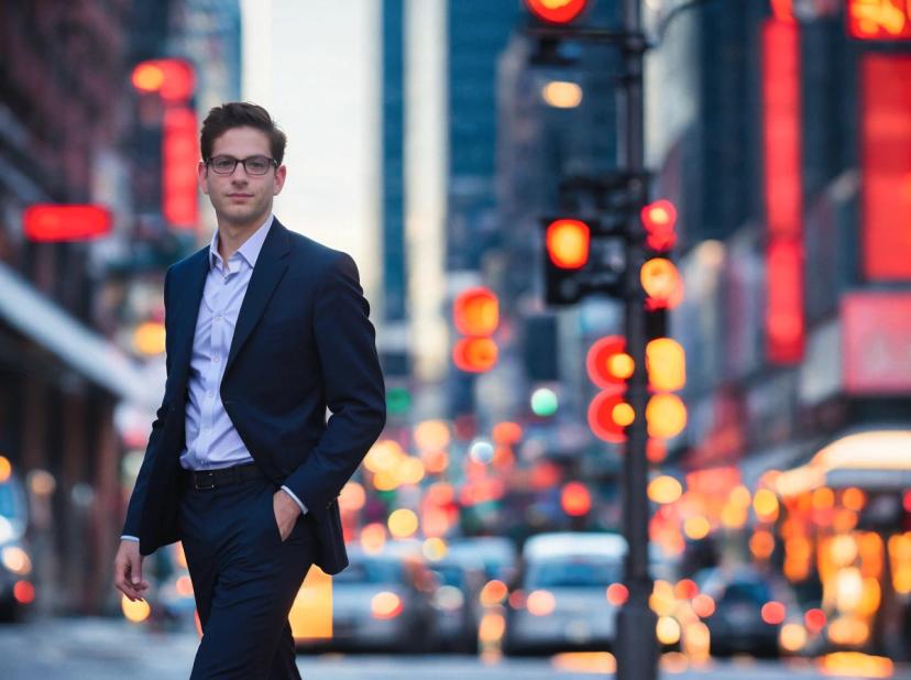 A man in a business suit walking confidently on a busy city street with multiple red stoplights and blurred evening traffic in the background.