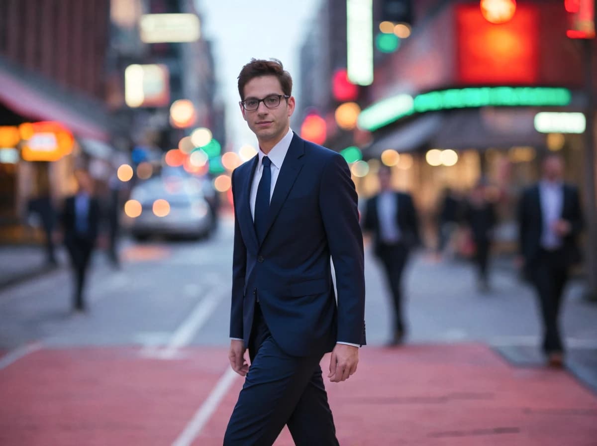 A man in a sharp blue suit is walking down a busy city street with glowing lights and passersby in the background during dusk.