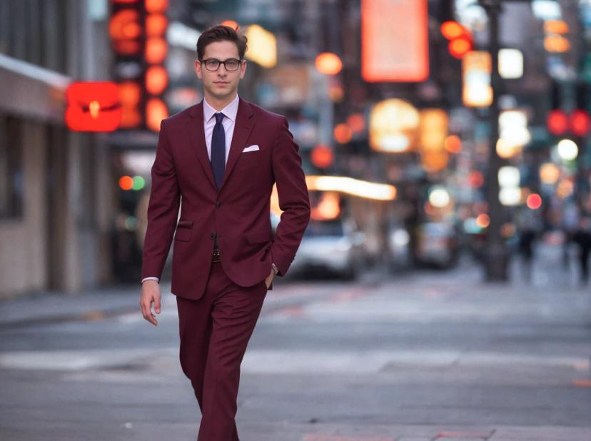 A man dressed in a sharp maroon suit with a tie and white pocket square walking confidently down a city street with blurred lights and signs in the background.