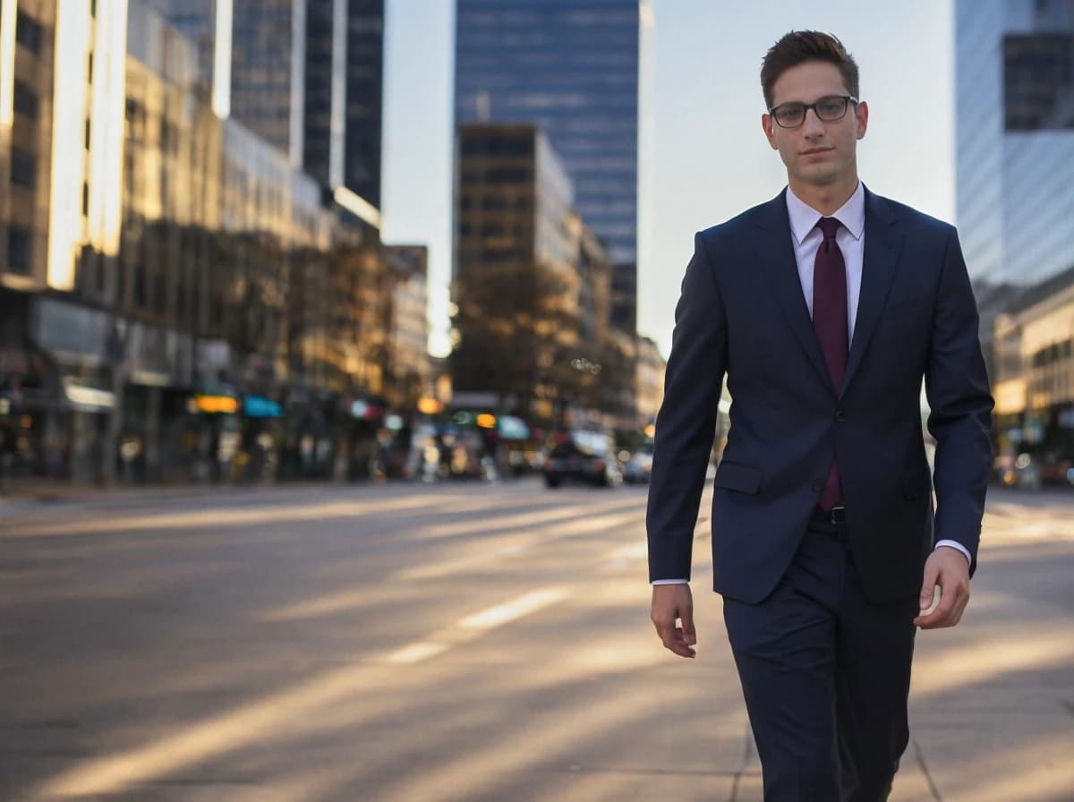 A man in a sharp navy suit and burgundy tie walking on a city street with tall buildings and traffic in the background during daytime.