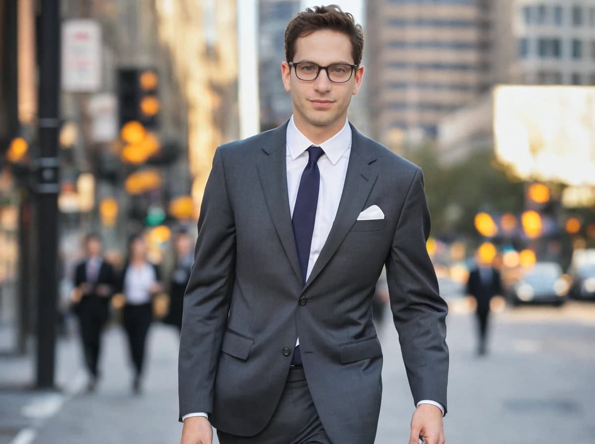 A man in a tailored grey suit with a white shirt and purple tie walking confidently on a city street with cars and pedestrians in the background during daytime.