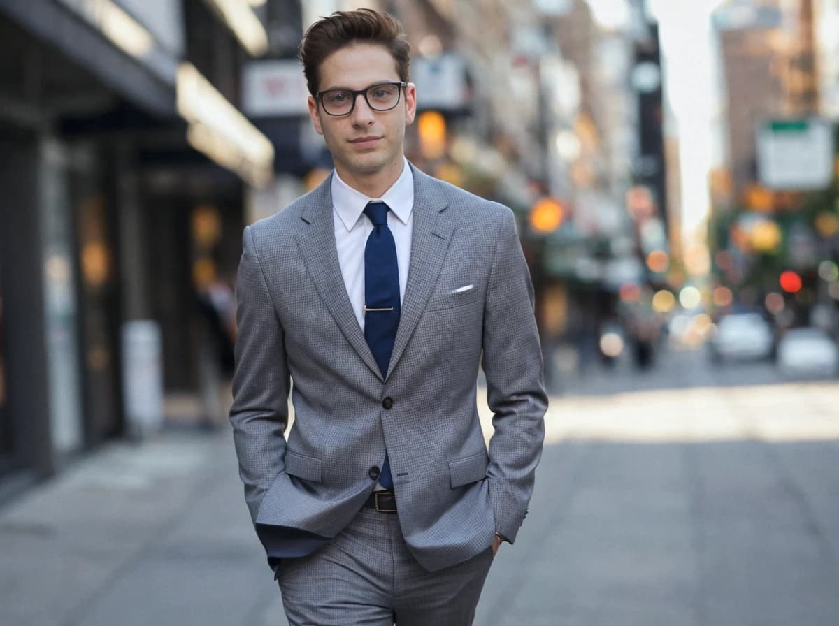 A man dressed in a fitted grey suit with a white shirt and dark blue tie, standing confidently on a busy city street with cars and buildings in the background.