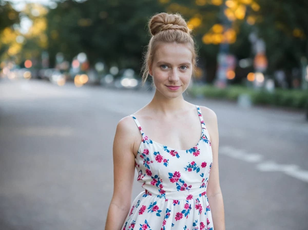 A woman with a blonde hair bun wearing a white dress with a floral design stands on a street with out-of-focus vehicles and trees in the background, indicating a busy urban environment during what appears to be dusk or twilight given the warm lighting.