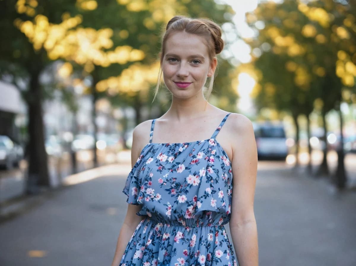 A woman standing on a street wearing a blue dress with a floral pattern. The background shows a city street lined with trees and parked cars, with sunlight filtering through the leaves creating a warm ambiance.