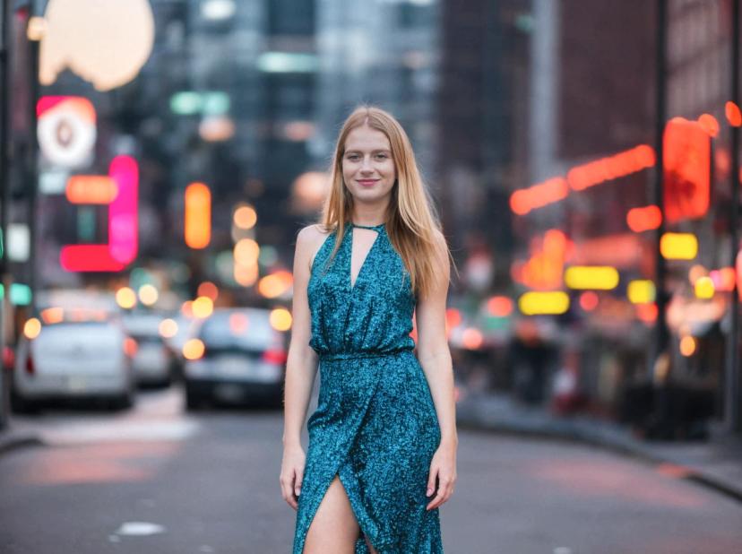 A woman wearing a teal blue sleeveless dress with a high slit, standing on an urban street with blurred city lights and cars in the background during twilight.