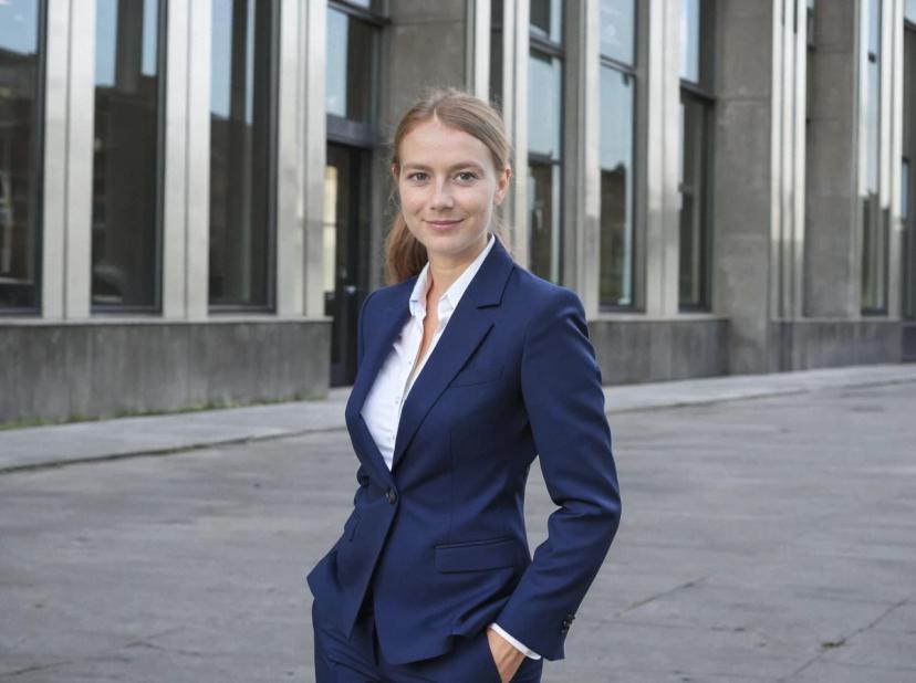 A woman wearing a navy blue suit with a white shirt stands confidently with hands on hips in front of a modern building with large windows.