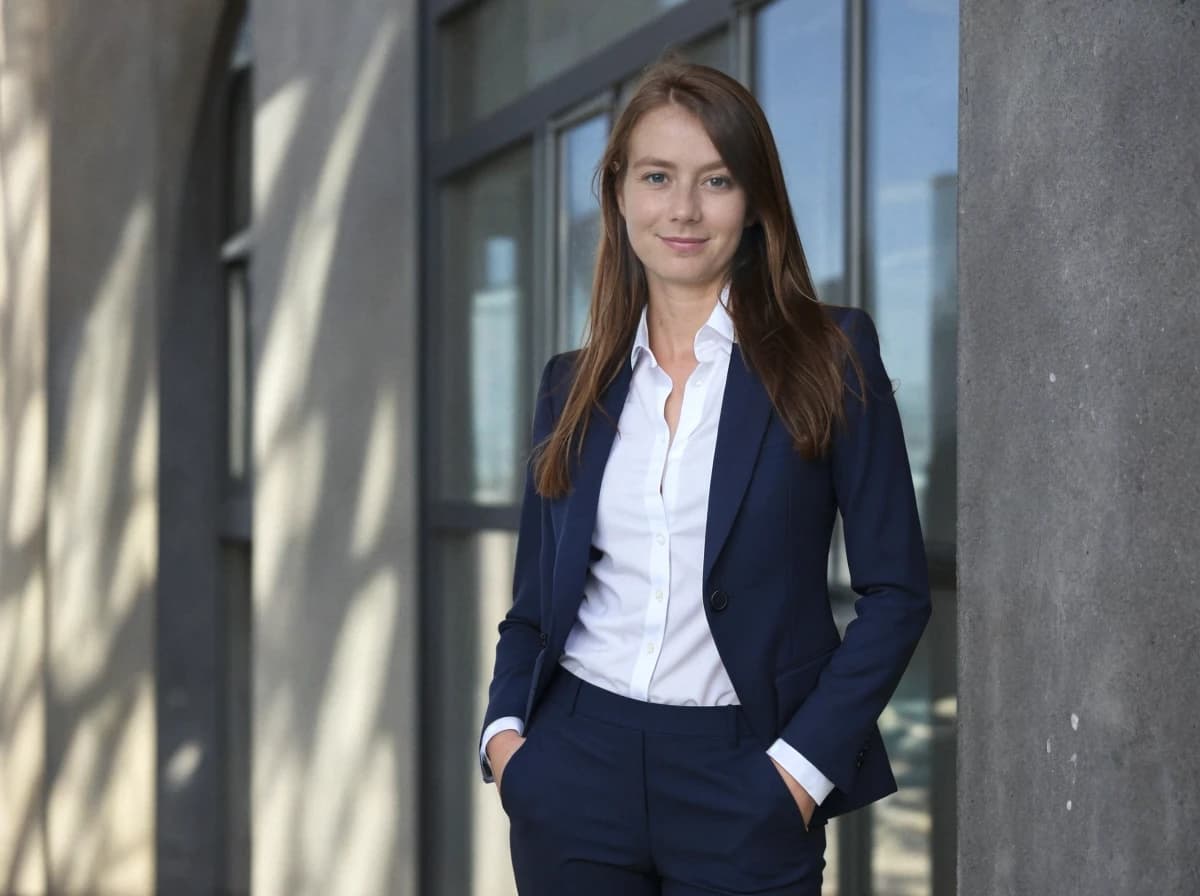 A woman dressed in a professional navy blue suit with a white shirt stands confidently with one hand in their pocket against the backdrop of a modern building with large windows and concrete columns.