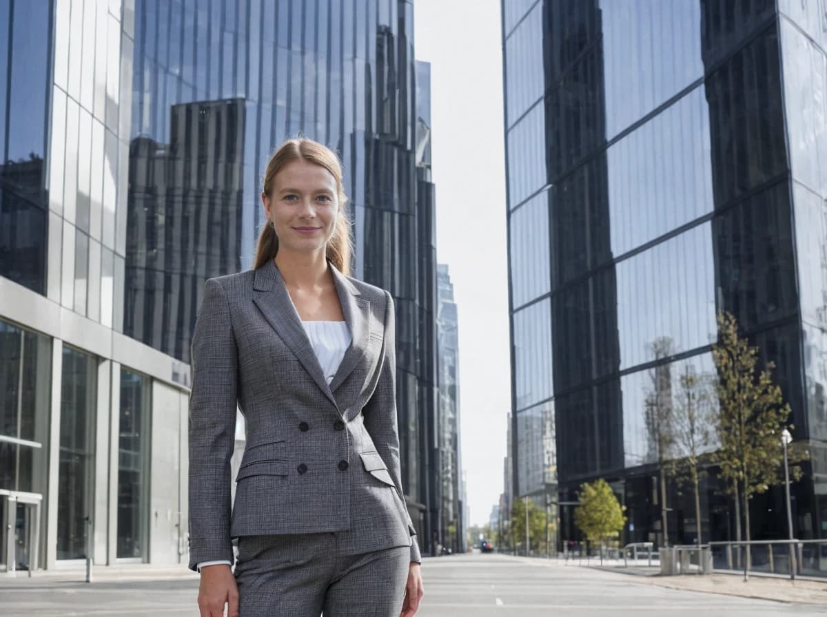 A woman in a gray business suit stands in the middle of a street with modern high-rise buildings lining either side under a clear blue sky.