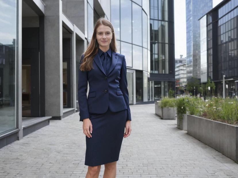 A professional woman in a navy blue business suit standing confidently in front of a modern building with large glass windows and a cityscape in the background.