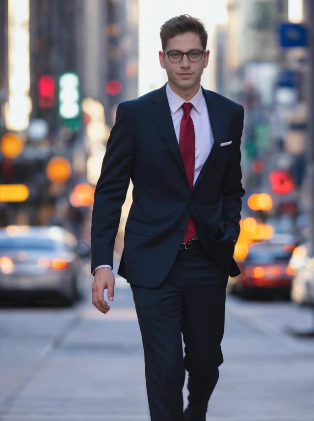 A man in a dark suit and red tie walking on a busy city street with cars and traffic lights in the background.