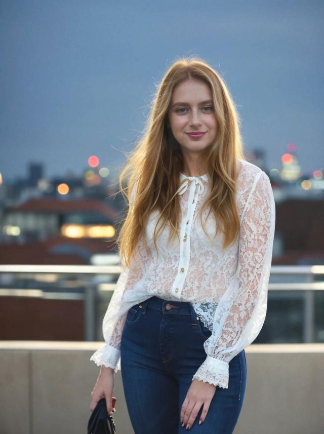 A woman standing on a rooftop wearing a white lace blouse with a bow tie at the neck, paired with dark blue jeans, and holding a black clutch. The city skyline can be seen in the background with lights suggesting it's dusk.