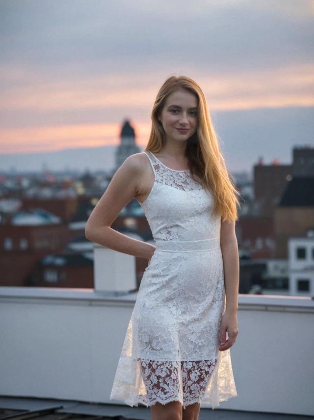 A woman in a white lace dress standing on a rooftop with a view of a cityscape and a sunset sky in the background.