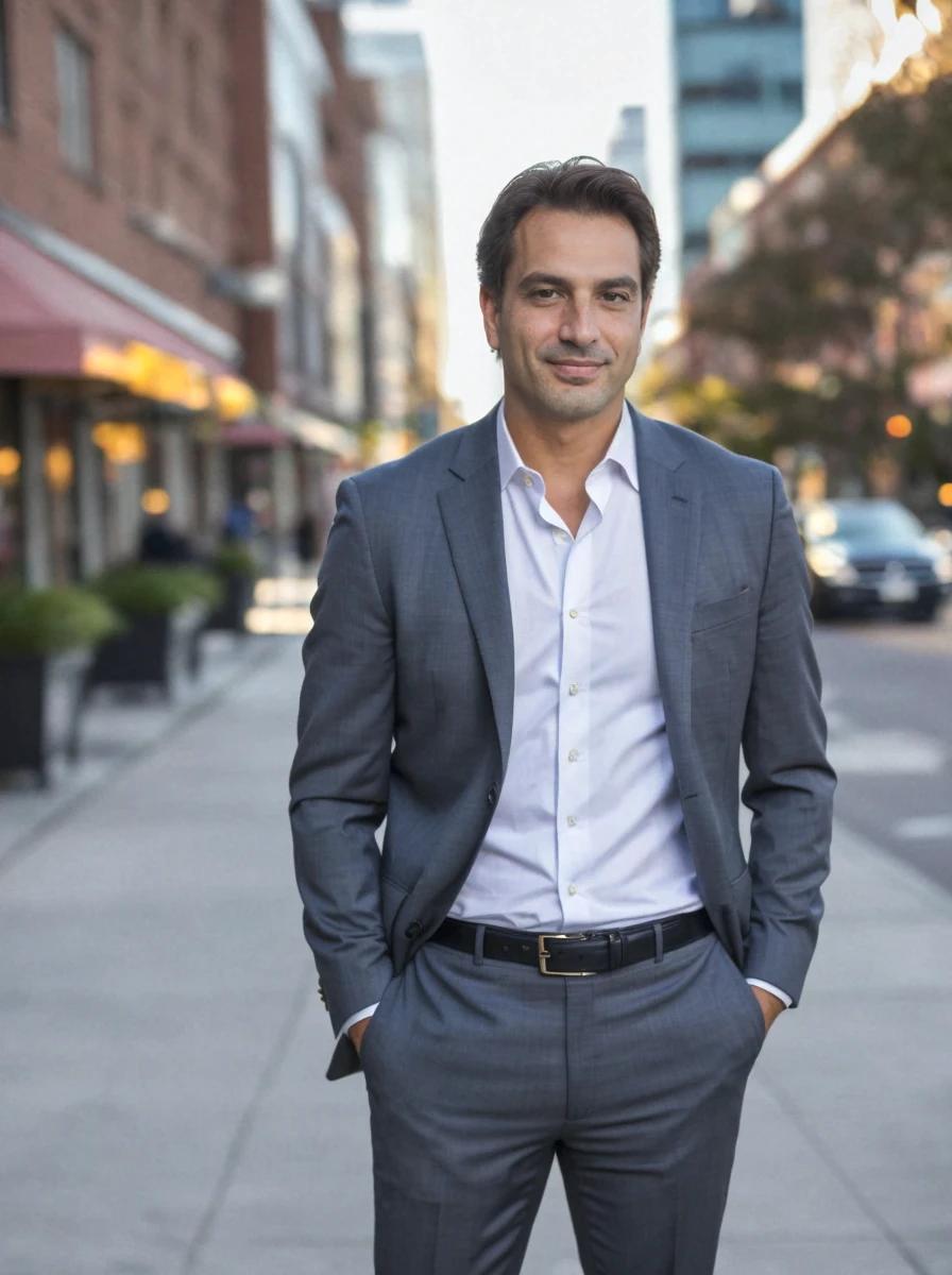 A man in a tailored gray suit and white shirt stands confidently with hands in pockets on a city street, with blurred buildings and an early evening sky in the background.