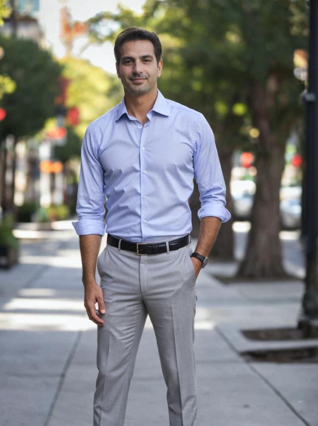 A man standing on a sidewalk dressed in business casual attire, wearing a light blue button-up shirt, grey trousers, and a black belt, with their left hand resting on their hip and a watch on their left wrist. The background shows a city street with green trees and a clear sky.