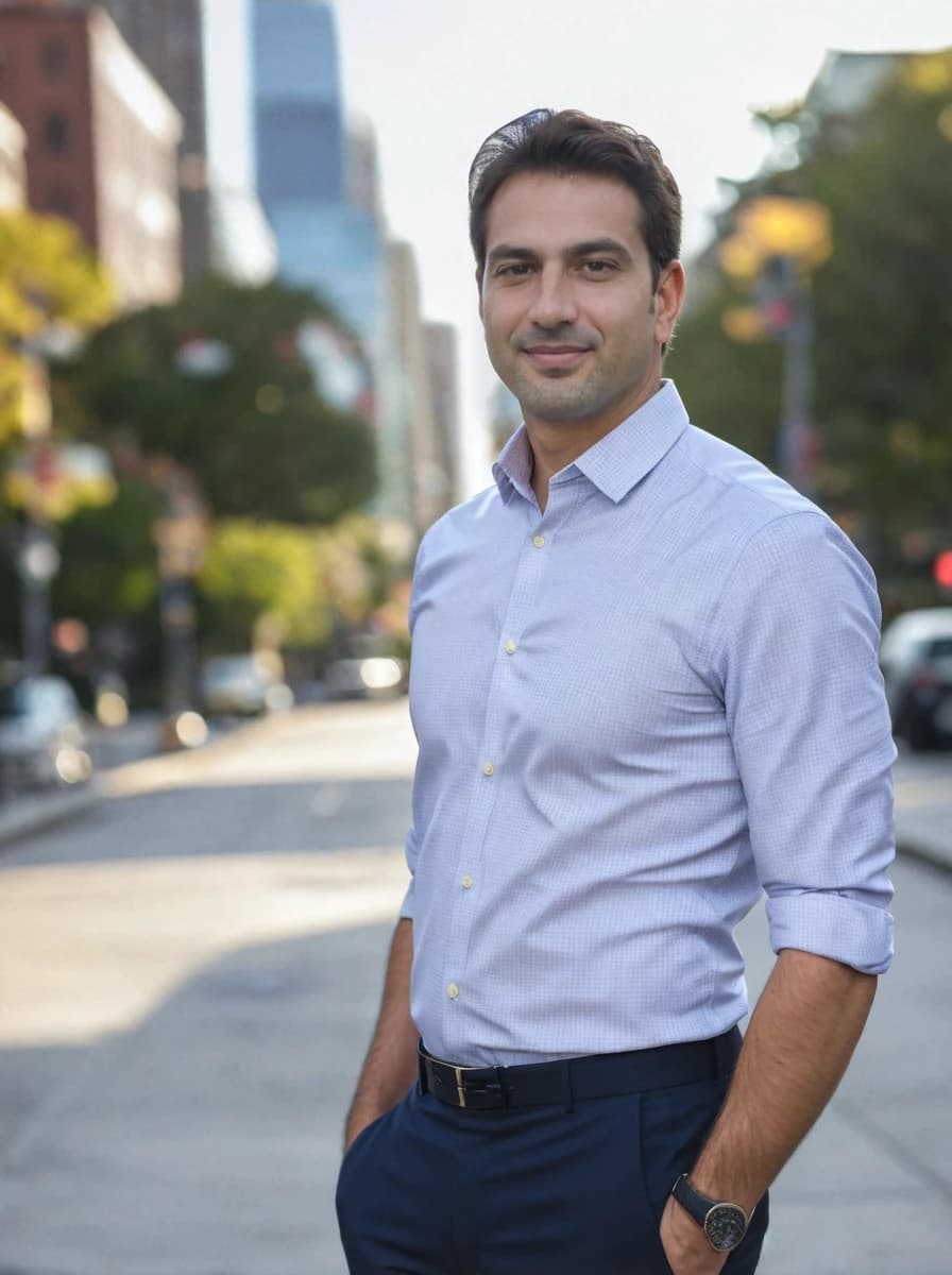 A man in a light blue checked shirt and navy trousers stands with his left hand in his pocket and a wristwatch on his left wrist. He is on a city street with buildings and trees in blurred background.