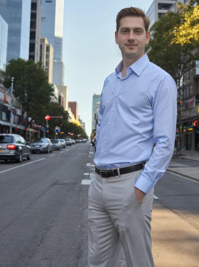 A man wearing a light blue dress shirt and beige trousers standing in the middle of a city street with cars and city buildings in the background.