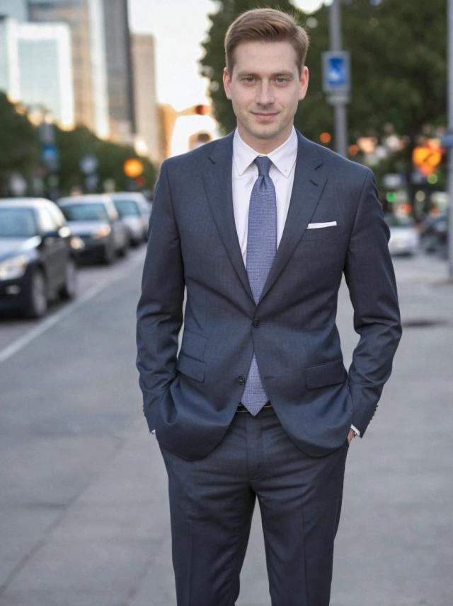 A man dressed in a tailored gray suit with a blue tie and white pocket square standing on a city street with cars and traffic lights in the background.