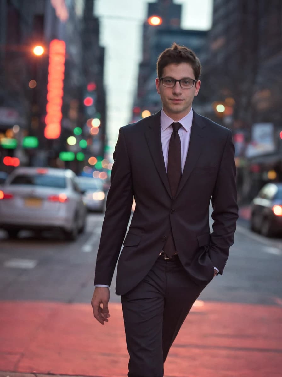 A man in a dark suit and tie walking down a bustling city street with cars and illuminated signs in the background during twilight.