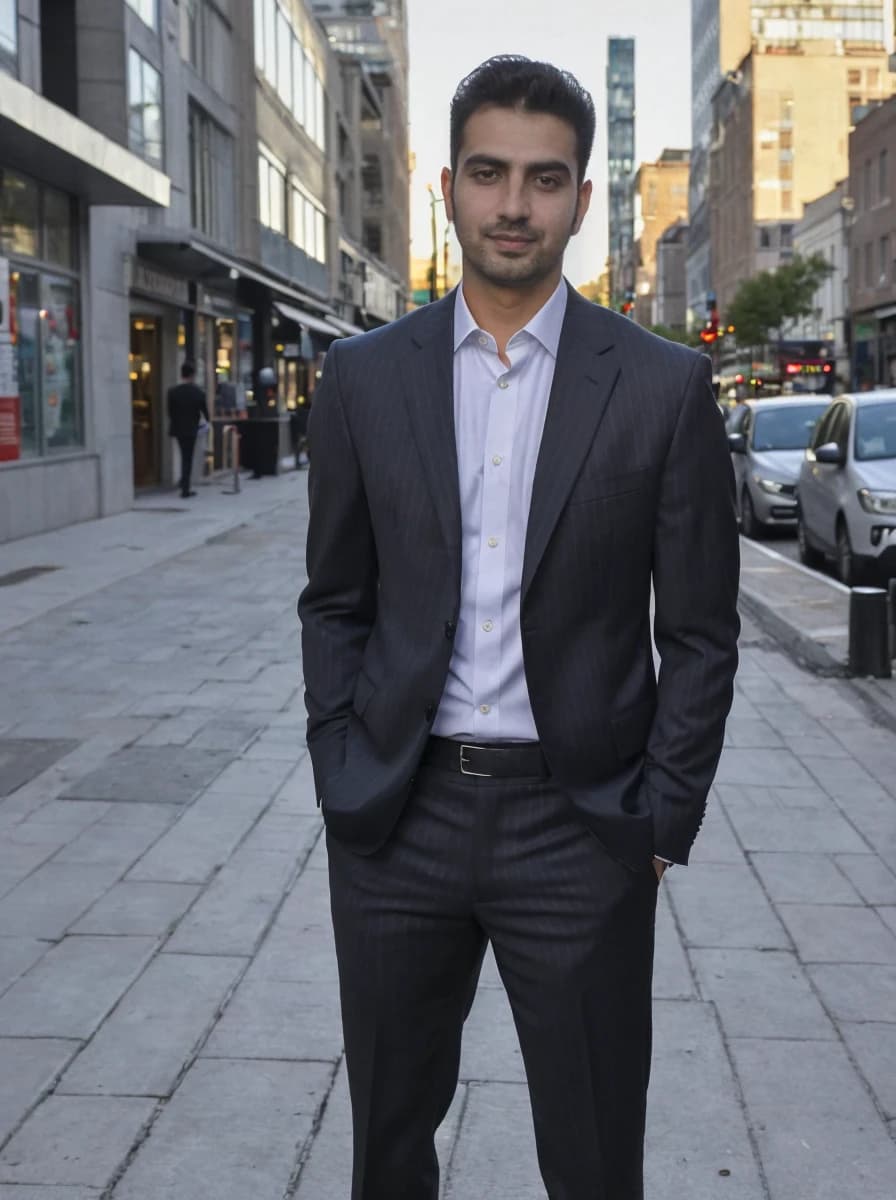 A man dressed in a dark striped suit with a light blue shirt and a dark belt stands in the middle of a city sidewalk, with buildings and passing cars in the background during the daytime.