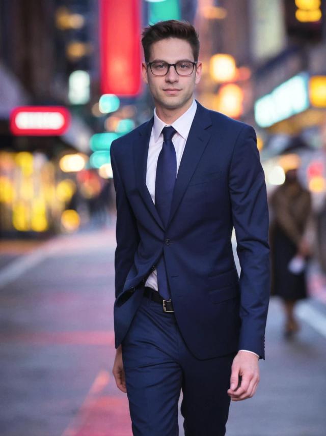 A man dressed in a sharp navy blue suit with a white shirt and black belt, standing confidently on a bustling city street with glowing lights and pedestrians in the background during evening time.