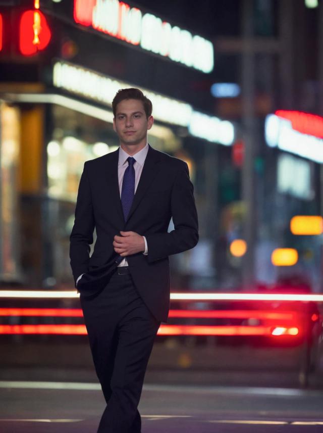 A man dressed in a formal black suit with a tie walking confidently on a city street at night with blurred neon signs and street lights in the background.