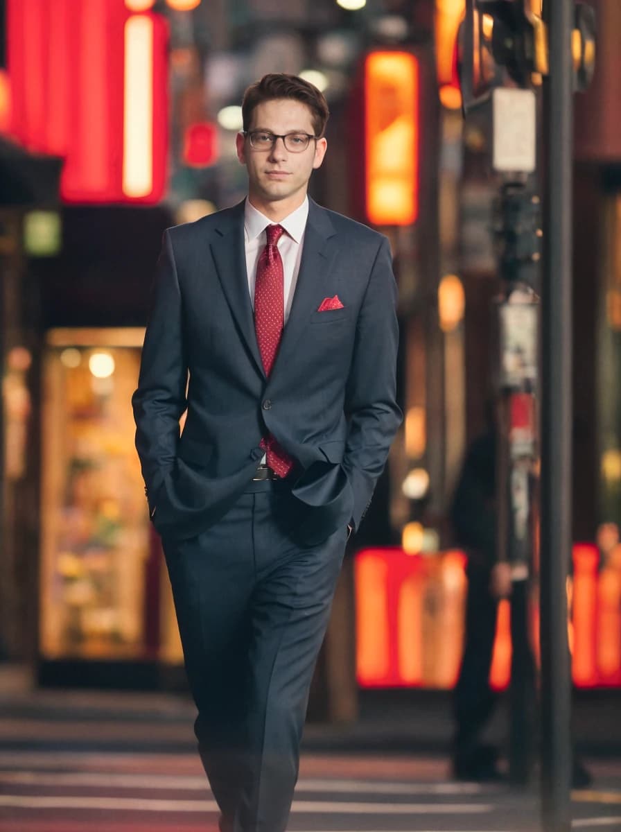 A man in a tailored dark grey suit with a red tie and pocket square walks down a city street, with colorful blurred lights and signage of urban nightlife in the background.