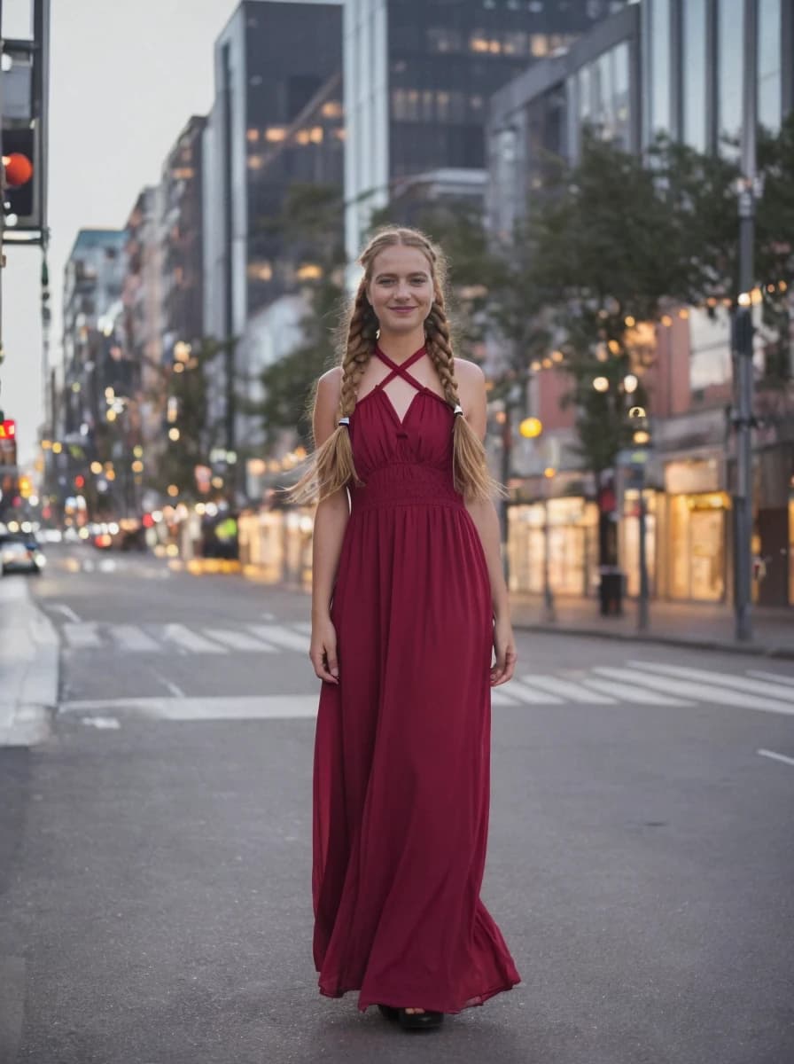 A woman with long braided hair wearing a flowing burgundy dress stands in the middle of an urban street at dusk, with the city lights and buildings lining the road in the background.