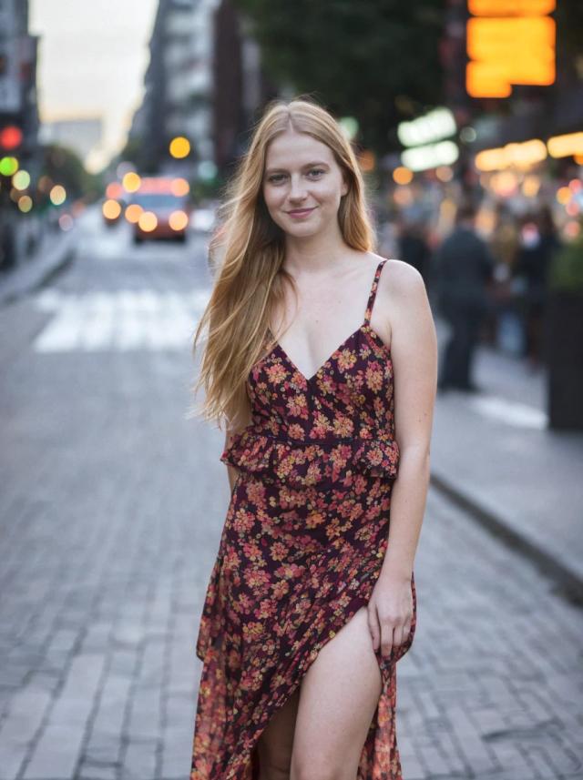 A woman with long blonde hair wearing a floral dress stands in the middle of the street with city lights and the evening bustle in the background.