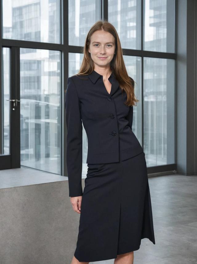 A professional woman in a dark blue skirt suit standing in an office environment with tall windows showing buildings outside.