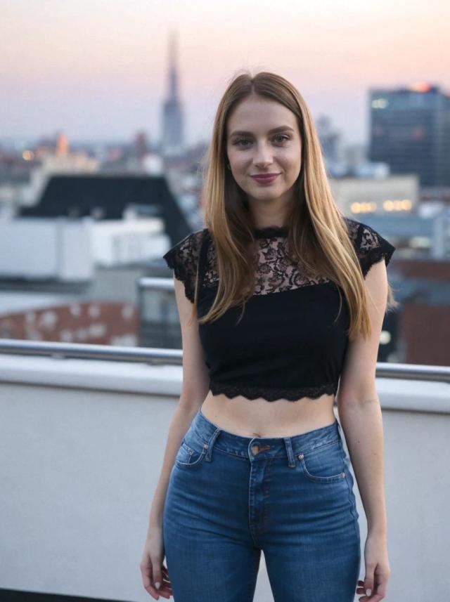 A woman standing on a rooftop wearing a black lace crop top and blue jeans with a cityscape background during twilight.
