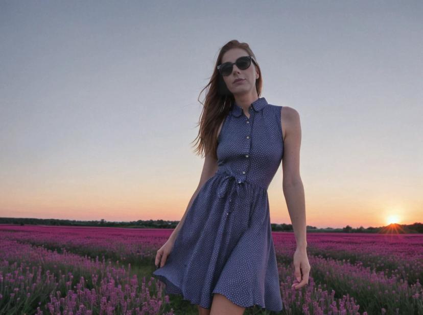 wide portrait photo of a beautiful woman with ginger hair posing on a beautiful magenta flower field, she is wearing a violet dress and sunglasses, sunset sky in the background