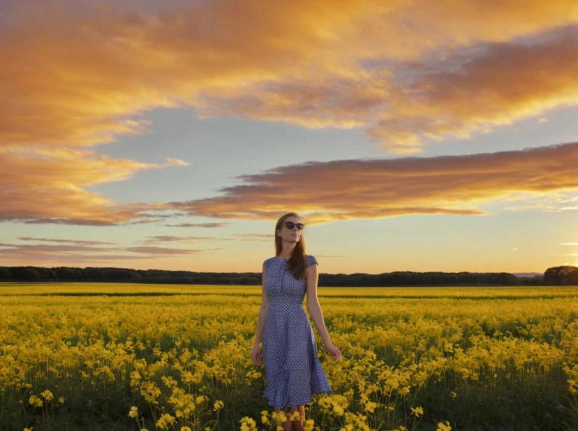 full shot wide portrait photo of a slender woman with ginger hair standing on a beautiful yellow flower field, she is wearing a blue polkadot dress and sunglasses, sky with golden clouds in the background, golden hour