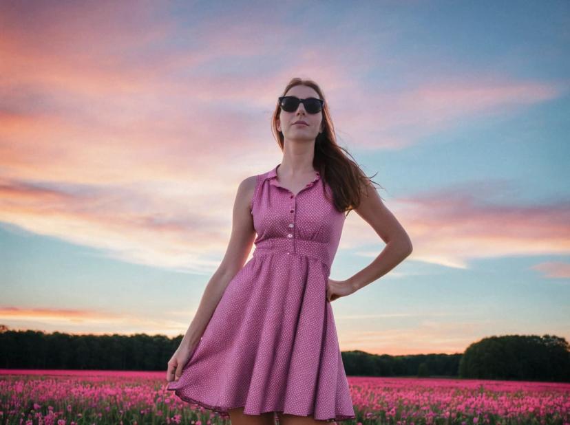 low angle wide portrait photo of a beautiful woman with ginger hair posing on a beautiful pink flower field, she is wearing a pink polkadot dress and sunglasses with a hand on her hip, dusk sky in the background