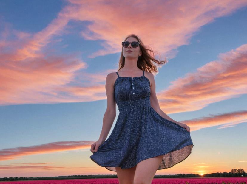 low angle wide portrait photo of a beautiful woman with ginger hair walking on a beautiful pink flower field, she is wearing a blue polkadot summer dress while playing with her dress, sunset sky in the background