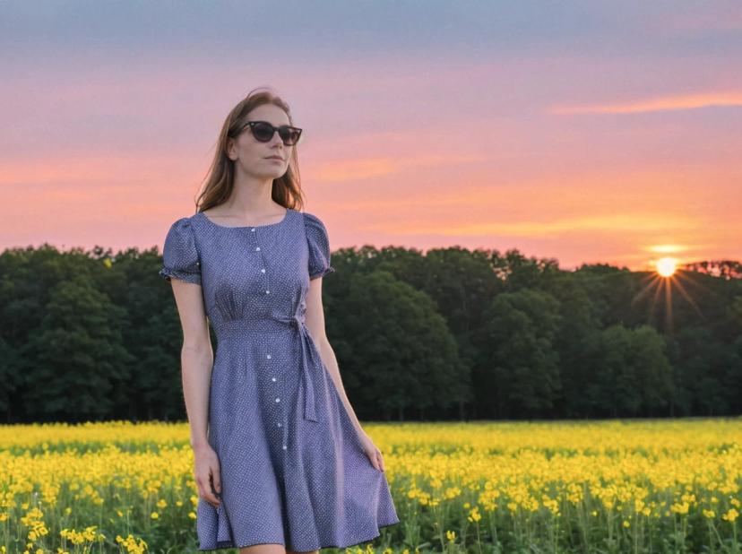wide portrait photo of a beautiful woman with ginger hair posing on a beautiful yellow flower field, she is wearing a violet polkadot dress and sunglasses, sunset sky and trees in the background