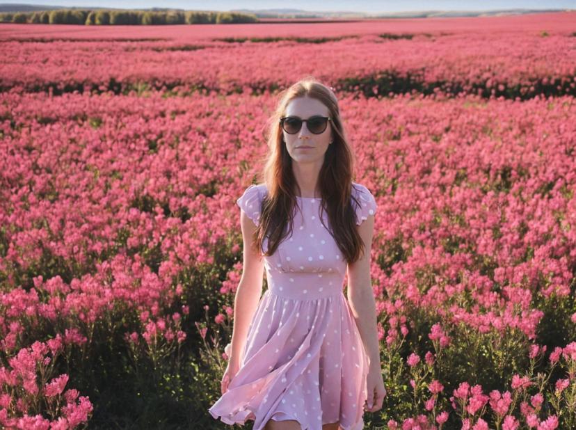 wide portrait photo of a beautiful woman with ginger hair standing on a beautiful field full of pink flowers, she is wearing a pink polkadot dress and sunglasses